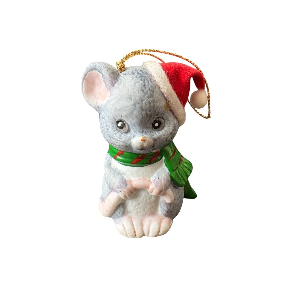 JSNY Christmas Mouse‎ Ornament Ceramic Santa Hat Green Scarf Vintage 3"